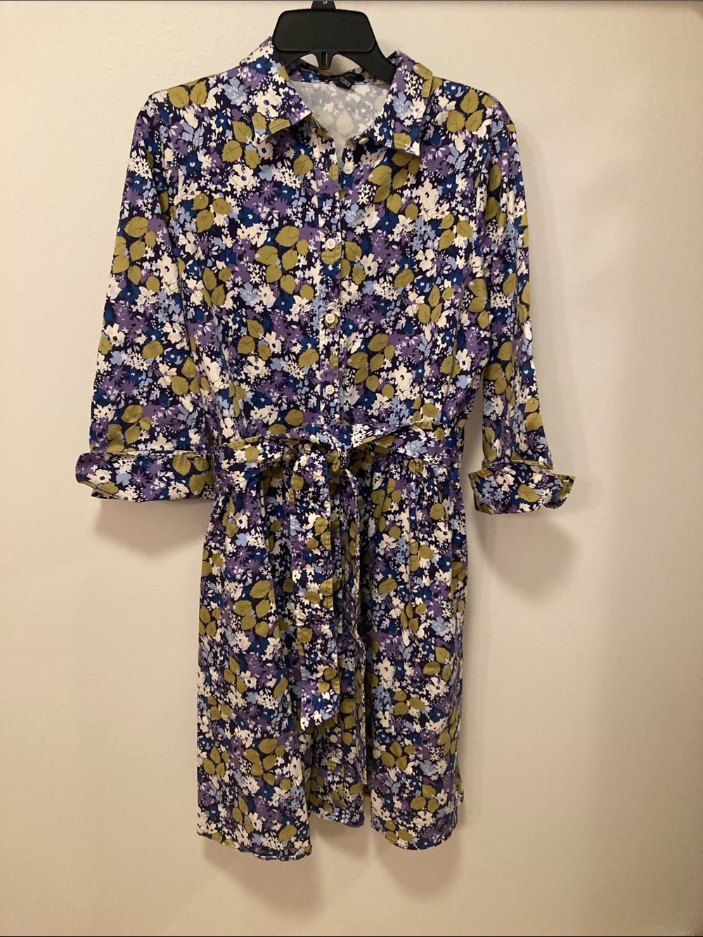 Lands' End Floral Button-Up shirt-waist dress in Navy, Purple, White, and Olive